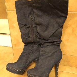 Denim Near Knee High Stiletto Boots